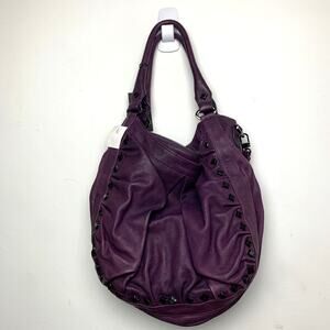 Botkier Vintage Purple Ruched Leather Gunmetal Studded Hobo Bag + Shoulder Strap